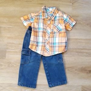 Old Navy Orange Plaid Button Down Shirt + Pull on Jeans